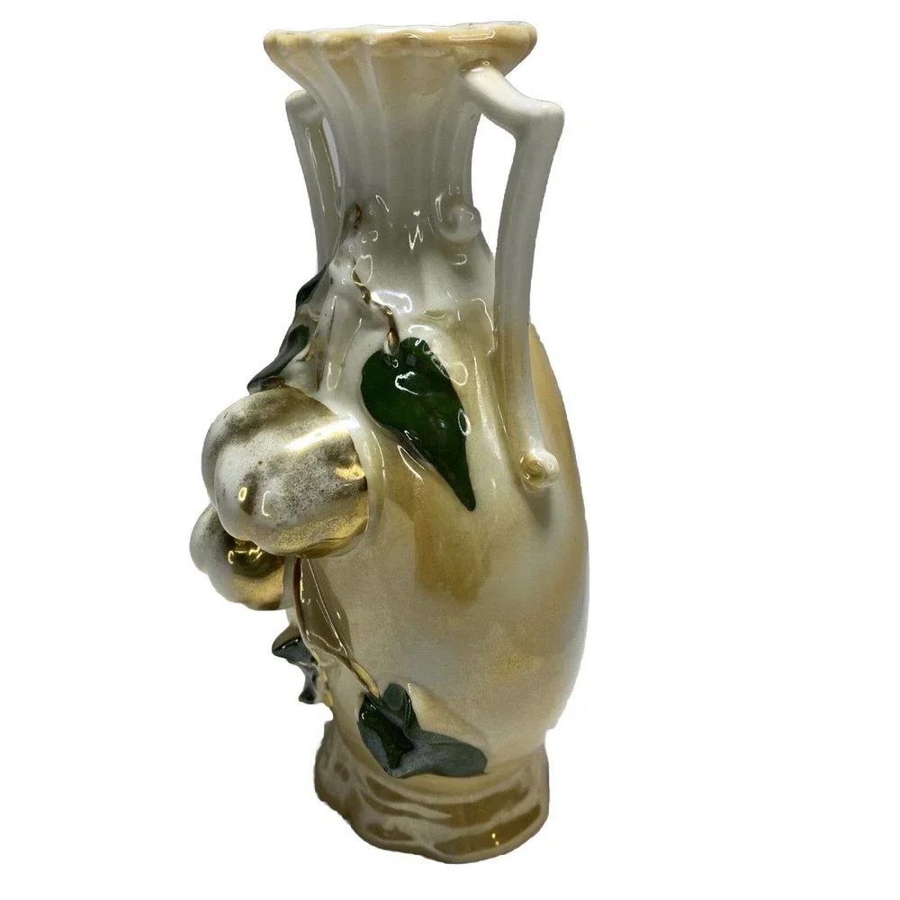 Antique Small Iridescent Two Handled Vase Raised Fruits Leaves Gold G.H. Mumm Co
